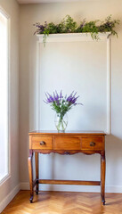 Canvas Print - Sunlit Entryway: A vintage console table with a distressed paint finish, topped with a bouquet of lavender in a glass jar, framed by spring wreaths hung on light-colored walls.