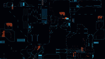 Poster - Printed circuit board. Visualization of printed circuit board processor chip, digitalization of neural networks and cloud computing. Digital pulses transmit data. Electronic circuit board operation