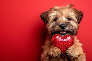 Wall Mural - Soft-coated wheaten terrier - my desired dog. Cute soft-coated wheaten terrier hound with sparkling rhinestones red heart - sign of love, funny greeting card. Commercial concept artwork idea.