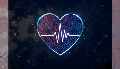 Aufkleber - A neon vector heart with a glowing ECG line, set against a futuristic cyber background