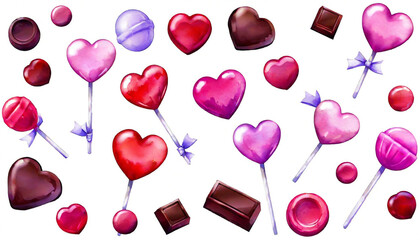 Wall Mural - Watercolor wash heart-shaped lollipops, chocolates, and love tokens on a white background.