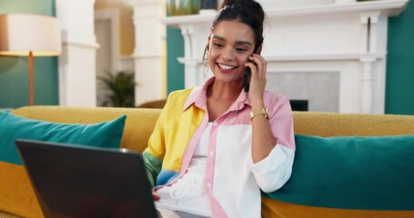 Poster - Phone call, laptop and remote work with woman on sofa for networking, client feedback and email update. Freelancer, research and communication with person in living room at home for entrepreneur