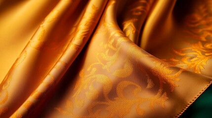 Wall Mural - Luxurious golden fabric draped elegantly, showcasing intricate patterns, with a soft sheen under light