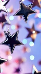 Poster - Metallic stars cascade against a soft pastel aesthetic background, creating a dreamy holographic, celestial atmosphere with a blend of purple and blue hues vertical vertical video