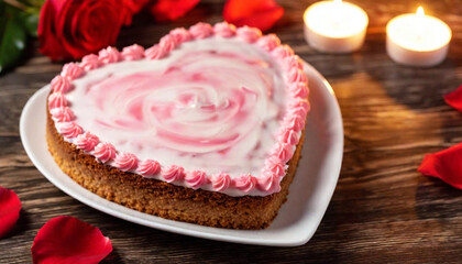 Wall Mural - Heart-shaped cake decorated with pink and white icing, surrounded by red roses and candles.