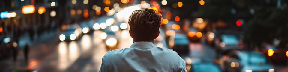 Wall Mural - Man Facing City Lights at Night