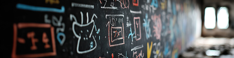 Poster - Multicolored Chalk Drawings on Dark Chalkboard in Distressed Building