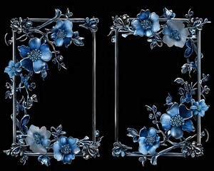 Wall Mural - Elegant Blue Floral Frames on Black Background