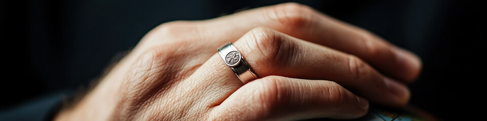 Poster - Close-up Photograph of a Hand Wearing a Silver Ring with Emblem