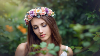 Wall Mural - A close-up portrait of a woman with soft, flowing hair, wearing a floral crown, in a dreamy, slightly blurred garden setting.