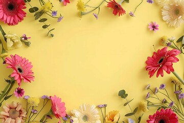 Wall Mural - Vibrant Floral Frame on Yellow Background: A Springtime Delight