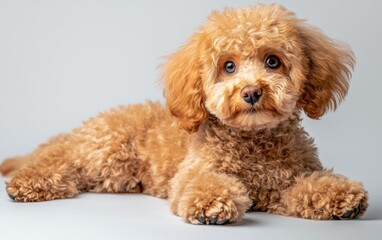 Cute small dog with curly fur lying on a light background showcasing its adorable features and playful personality