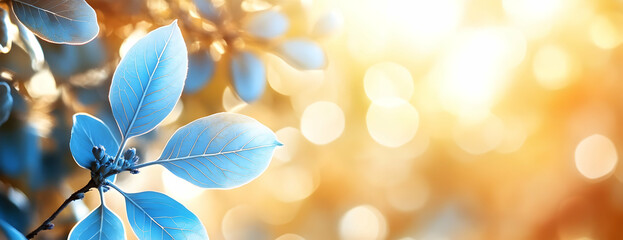 Wall Mural - Blue leaves, sunlit garden, bokeh background, spring