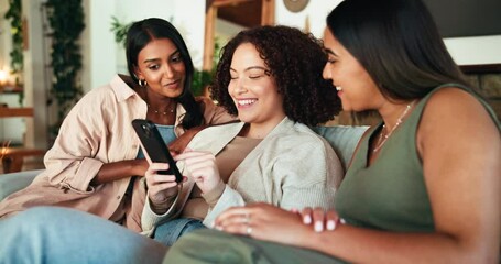 Aufkleber - Friends, phone and support with women on sofa for social media post, share memory and connection. Streaming, show and smile with people in living room at home for search, gossip and online news