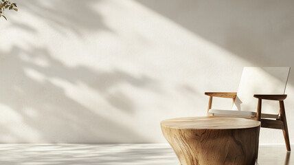 Poster - Minimalist wooden chair and table in sunlit room