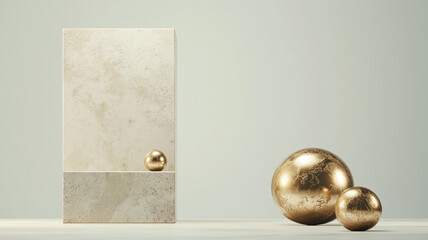 Poster - Minimalist composition with golden spheres and textured surfaces
