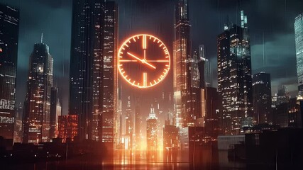Poster - Large, orange, neon clock hangs suspended above a futuristic cityscape at night, with glowing lights and streaks of light falling from the sky, creating a surreal and otherworldly atmosphere