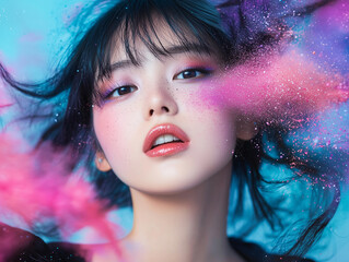 Aufkleber - woman with vibrant makeup surrounded by colorful powder