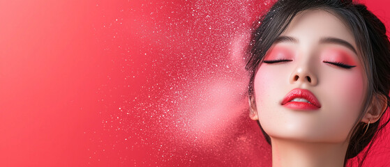 Aufkleber - woman with vibrant makeup and powder burst on red background