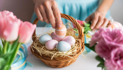 Wall Mural - Extreme close up of a woman's hand gently placing an Easter egg into a basket, surrounded by fresh flowers and soft pastel tones.