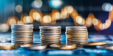 Aufkleber - Stacks of coins with blurred financial graph background
