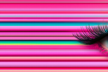 Aufkleber - Vibrant close-up of an eye with dramatic eyelashes against colorful striped background