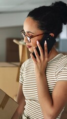 Aufkleber - Phone call, box and woman talking to logistics supplier, shipping and happy with delivery schedule. Mobile, business worker and communication for distribution, sales and stock availability in startup