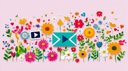 Poster - Creative flower arrangement with colorful shapes and designs in a whimsical layout