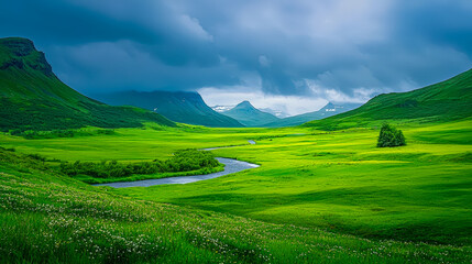 Poster - Vast green valley with a winding river and dramatic cloudy sky during early morning light in a serene landscape