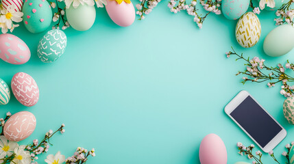 Poster - Colorful Easter eggs arranged with flowers and a smartphone on a light blue background