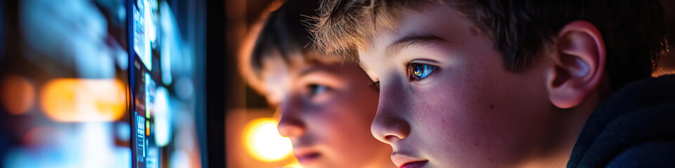 Wall Mural - Two Boys Viewing Digital Interface on Screen