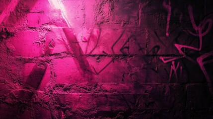 Wall Mural - Pink light illuminates graffitied brick wall