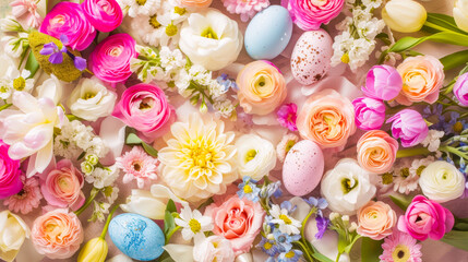 Aufkleber - Colorful arrangement of spring flowers and decorative eggs celebrated during the Easter holiday season