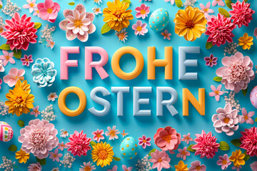 Aufkleber - Happy Easter in german. Colorful Easter celebration decorations featuring flowers and eggs on a bright blue background