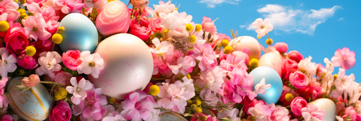 Aufkleber - Colorful flowers and decorated eggs create a vibrant spring display for a seasonal celebration