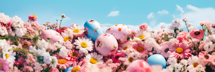 Aufkleber - Colorful eggs nestled among blooming flowers create a vibrant spring atmosphere