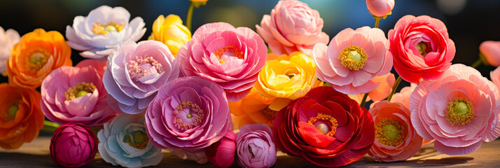 Poster - Colorful ranunculus flowers arranged in a vibrant display on a wooden surface during daytime