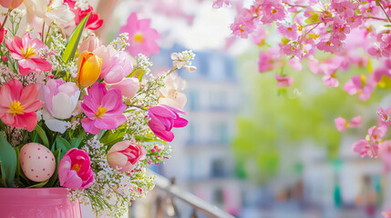 Aufkleber - Vibrant spring flowers in a decorative vase against a blurred garden background