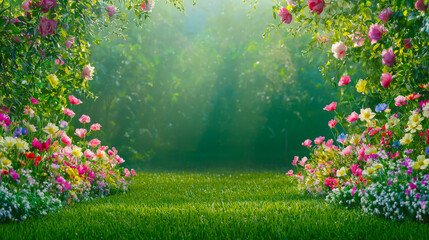 Poster - Vibrant garden path surrounded by colorful flowers in a serene natural setting