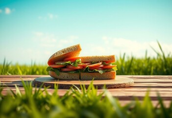 A sandwich on a wooden table in a serene outdoor setting