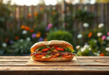 Wall Mural - A sandwich on a wooden table in a garden