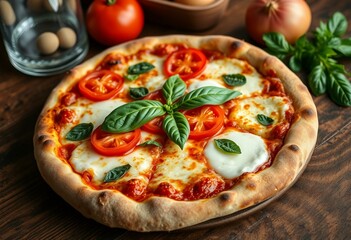 Wall Mural - A partially cut pizza with a crispy crust and melted cheese, garnished with fresh basil and tomatoes, on a rustic wooden table