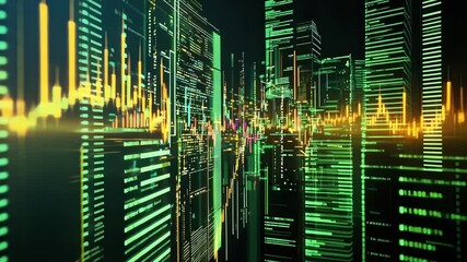 Fototapete - Glowing lines of code and data flowing through a vibrant digital city, illustrating the concepts of programming, big data, and advanced technology within a futuristic cityscape