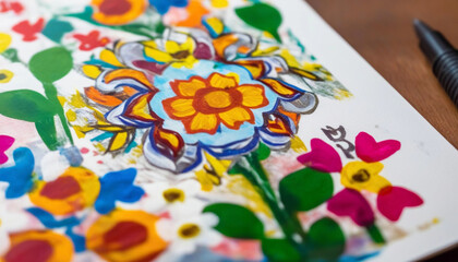 Wall Mural - Extreme close up of a handmade Mother's Day card with intricate designs, floral patterns, and colorful drawings, surrounded by small flowers.