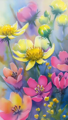 Wall Mural - Extreme close up of a watercolor bouquet of wildflowers, soft washes of pastel pinks, yellows, and greens blending gently into each other.