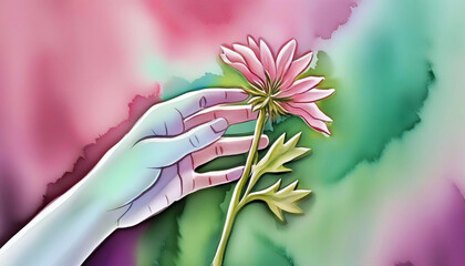 Wall Mural - Extreme close up of a watercolor hand holding a delicate flower, with the stem painted in soft green and the bloom gently fading into pink tones.