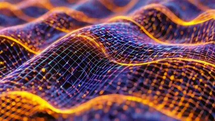 Digital Mesh Landscape with Glowing Orange Grid
