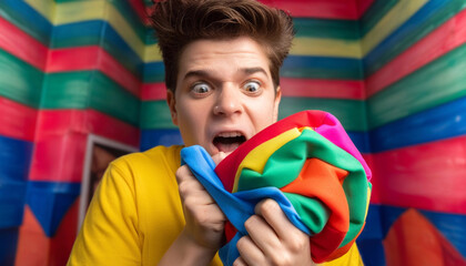 Poster - Extreme close up of a person pulling a prank with a whoopee cushion, the cushion's vibrant colors contrasting with the surprised expression of the victim.