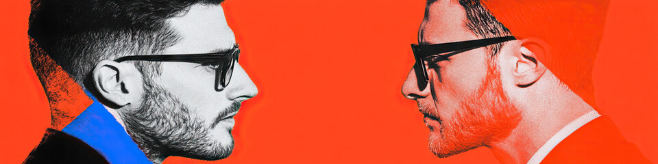 Poster - Profile Portraits of Two Men with Glasses Against Orange Background