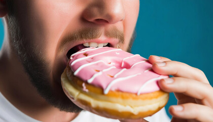 Wall Mural - Extreme close up portrait of a person biting into a donut, only to reveal it's a sponge, with their face frozen in confusion.